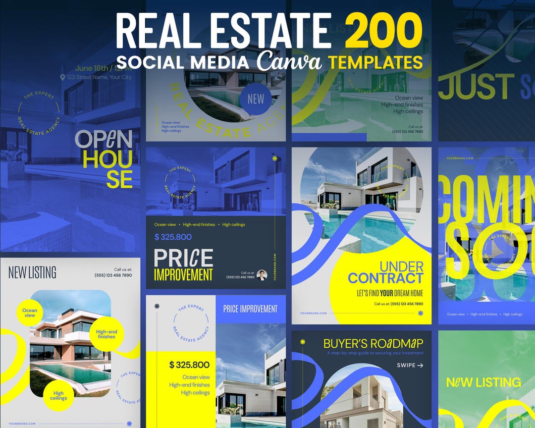 Modern Real Estate Social Media Canva Bundle | 200 Bold Instagram Canva ...
