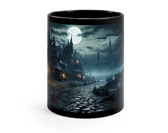 Gothic Night 11oz Black Coffee Mug, Full Moon, Haunted House, Spooky