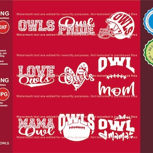 Hiboux SVG, hibou 9 football SVG mascotte Designs Pack, hiboux SVG coupe fichiers Bundle, hiboux équipe de football mascotte SVG