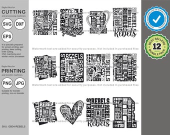 Rebels Svg, Rebel 12 Typography  Svg Mascot Designs Pack, Rebels Typography Svg Cut Files Bundle, Rebels Sports Team Mascot Svg