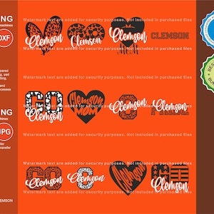 May include: A set of 12 digital files for cutting and printing featuring various designs with the word "Clemson" in a black and orange colour scheme. The designs include a heart, a paw print, and the words "Go Clemson".