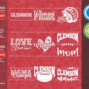 May include: A set of nine digital files for cutting and printing featuring various designs with the text "Clemson" in white on a red background. The designs include a football helmet, a heart with a football, and the words "Love Clemson", "Clemson Pride", "Clemson Mom", and "Mama Clemson".