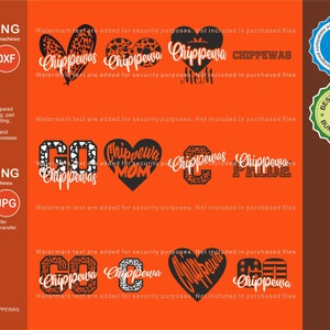 Peut inclure: Un téléchargement numérique de 12 fichiers SVG, DXF, EPS, PNG et JPG présentant une variété de motifs avec le texte "Chippewa" dans un imprimé léopard noir et blanc. Les motifs comprennent "Chippewa Mom", "Chippewa Pride" et "Go Chippewas".