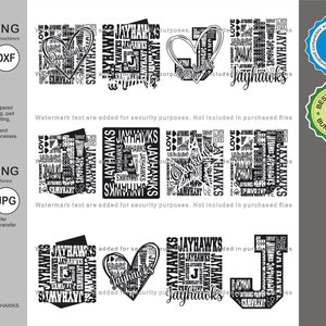 May include: A set of 12 digital cut files featuring the word "Jayhawks" in a variety of styles, including a heart, a letter J, and a square design. The files are compatible with all brands of cutting and processing machines and are suitable for screen printing, pad printing, laser cutting, knife cutting, CNC machining, and similar vector processes. The files are also suitable for transfer printing and iron-on transfer.