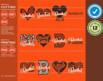 May include: A set of 12 digital cut files for crafting and printing. The files feature a variety of designs with the words "Bearkats" and "Bearkat" in a black and white leopard print pattern. The designs include "Go Bearkats", "Bearkat Mom", "Bearkats Pride", and "Bearkat".