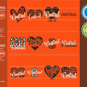 May include: A set of 12 digital cut files featuring various designs with the word "Central" in a black and white leopard print pattern. The designs include a heart with "Central Mom", a heart with "Central", and a design that says "Go Central" with a heart. The designs are suitable for cutting and printing machines.
