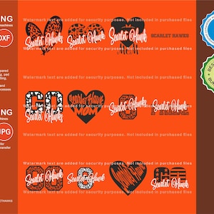 May include: A set of 12 digital cut files featuring the text "Scarlet Hawks" in various designs. The designs include a heart, a football, and the words "Go", "Mom", and "Pride". The files are compatible with all brands of cutting and printing machines.