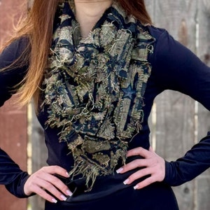 Olive black scarf, ripped cotton scarf, exclusive damaged design, burning man accessory, avantgarde clothing.
