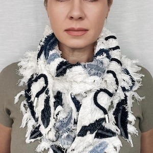 Handmade Ripped Cotton Scarf: Denim Petals, Avantgarde Fashion