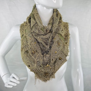 Handmade Ripped Knit Scarf: Olive Green Bronze Refashion Wrap