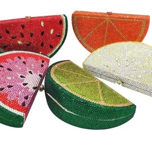 Watermelon red, green, yellow, lime, lemon, and purple slice rhinestone purse