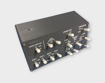 May include: A gray panel with multiple toggle switches labeled with various aircraft functions, including wing anti-ice, engine anti-ice, engine 1, engine 2, electric 1, electric 2, left recirculation fan, right recirculation fan, and left pack.