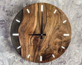 Oak Wood Epoxy Wall Clock, Transparent Light Black Resin