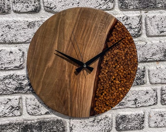 Walnut Wood Coffee Bean Epoxy Resin Wall Clock