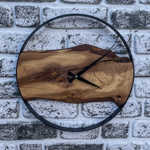 Ready to Ship, Olive Wood Clock, Live Edge Rustic Wood, Eclectic Home Decor, Rustic Wall Art, Metal Frame Wall Clock, Minimalist Wall Art