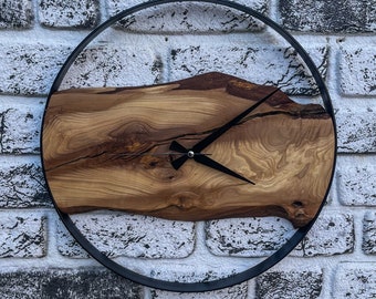 Ready to Ship, Olive Wood Clock, Live Edge Rustic Wood, Eclectic Home Decor, Rustic Wall Art, Metal Frame Wall Clock, Minimalist Wall Art