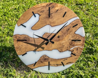 Epoxy Resin Olive Wood Wall Clock, Modern Rustic Decor