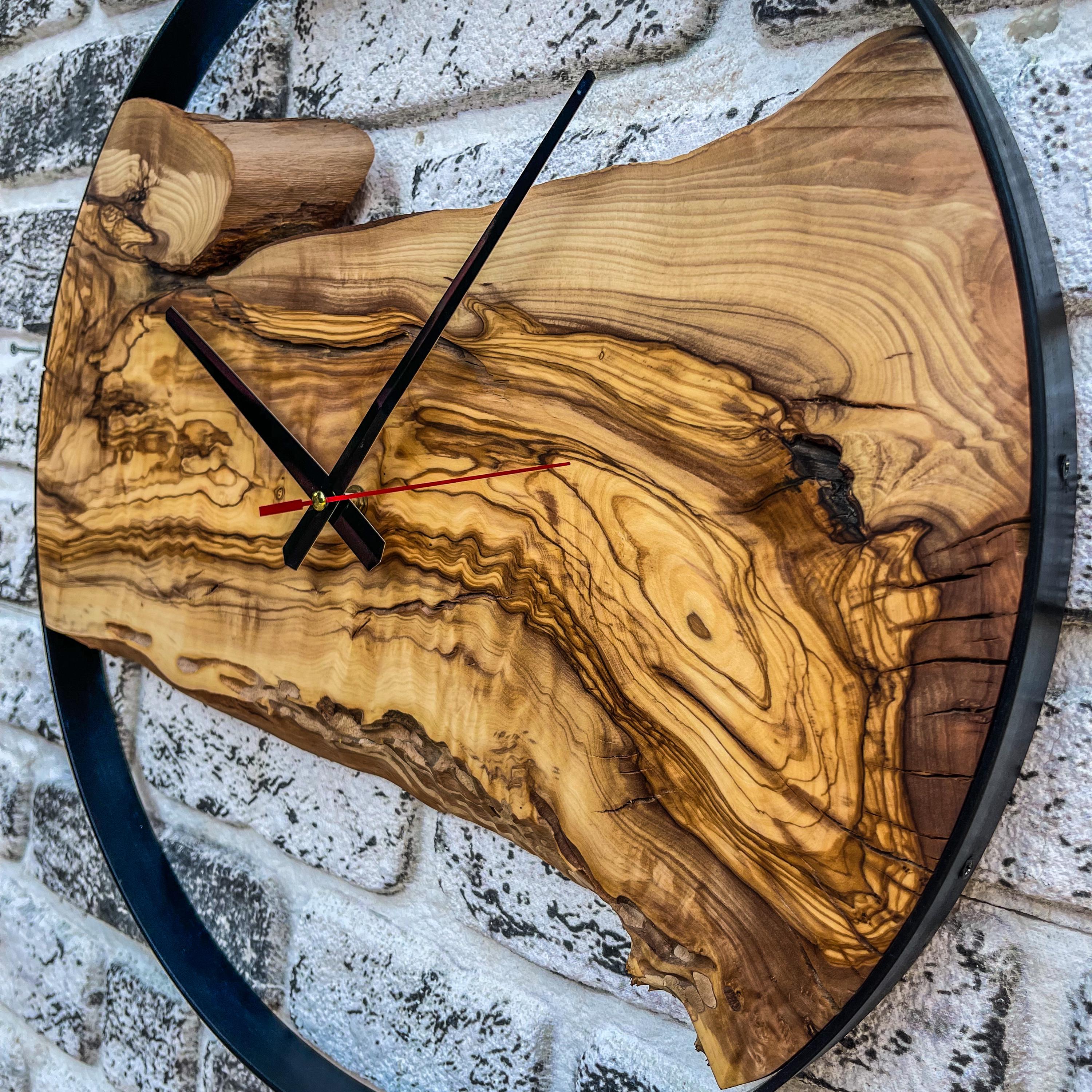 Handmade Olive Wood Wall Clock, Modern Iron Frame, Rustic Home Decor - Etsy