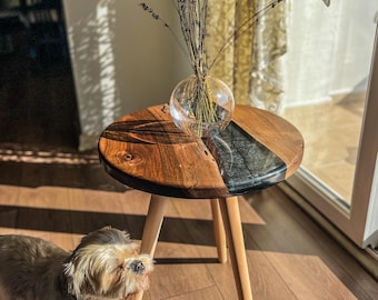 Rustic Walnut Coffee Table: Black Epoxy Resin, Live Edge Design