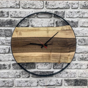 Ready to Ship, Natural Walnut Wood & Metal Frame Wall Clock,  Live Edge Wood Wall Art, Unique Farmhouse Decor, Metal Wall Clock