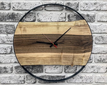 Natural Walnut Wood Wall Clock, Metal Frame, Farmhouse Decor