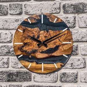 Handcrafted Olive Wood Wall Clock with Black Epoxy - Rustic Modern Home Decor, Unique Art Piece, Natural Wood Grain Design, Home Gift