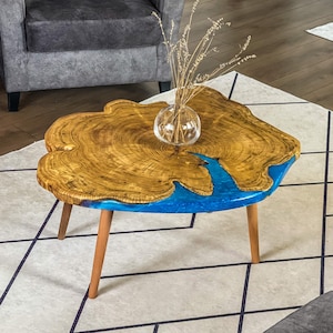 Handmade Blue Epoxy Coffee Table with Mulberry Wood, Epoxy Center Table, Ready to Ship, Unique Living Room Decor, Live Edge Coffee Table