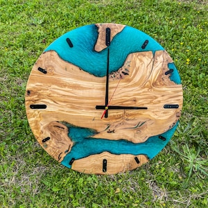 Made to order Epoxy and Olive Wood Wall Clock, Blue Olive Wood Epoxy Wall Clock, Live Edge Wood, Home Wall Decor, Mother&#39;s Day Gift for Him