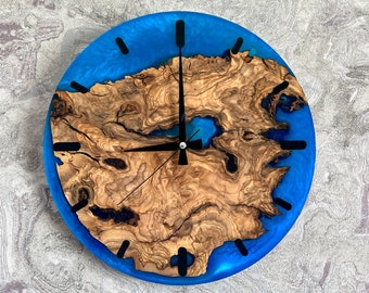 Epoxy wall clock, Resin clock, Unique wall clock, Epoxy Wall Clock, Resin Clock, Wall clock unique, Olive Tree Wood, Blue Epoxy