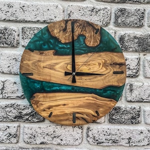 Custom Made Resin & Olive Wood Wall Clock, Epoxy Wooden Wall Clock, Home gift, Live Edge Rustic Olive Wood Wall Clock, Wooden Wall Clock