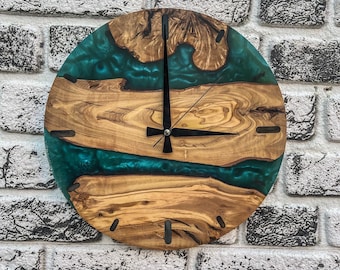 Custom Olive Wood Wall Clock with Blue Epoxy Resin