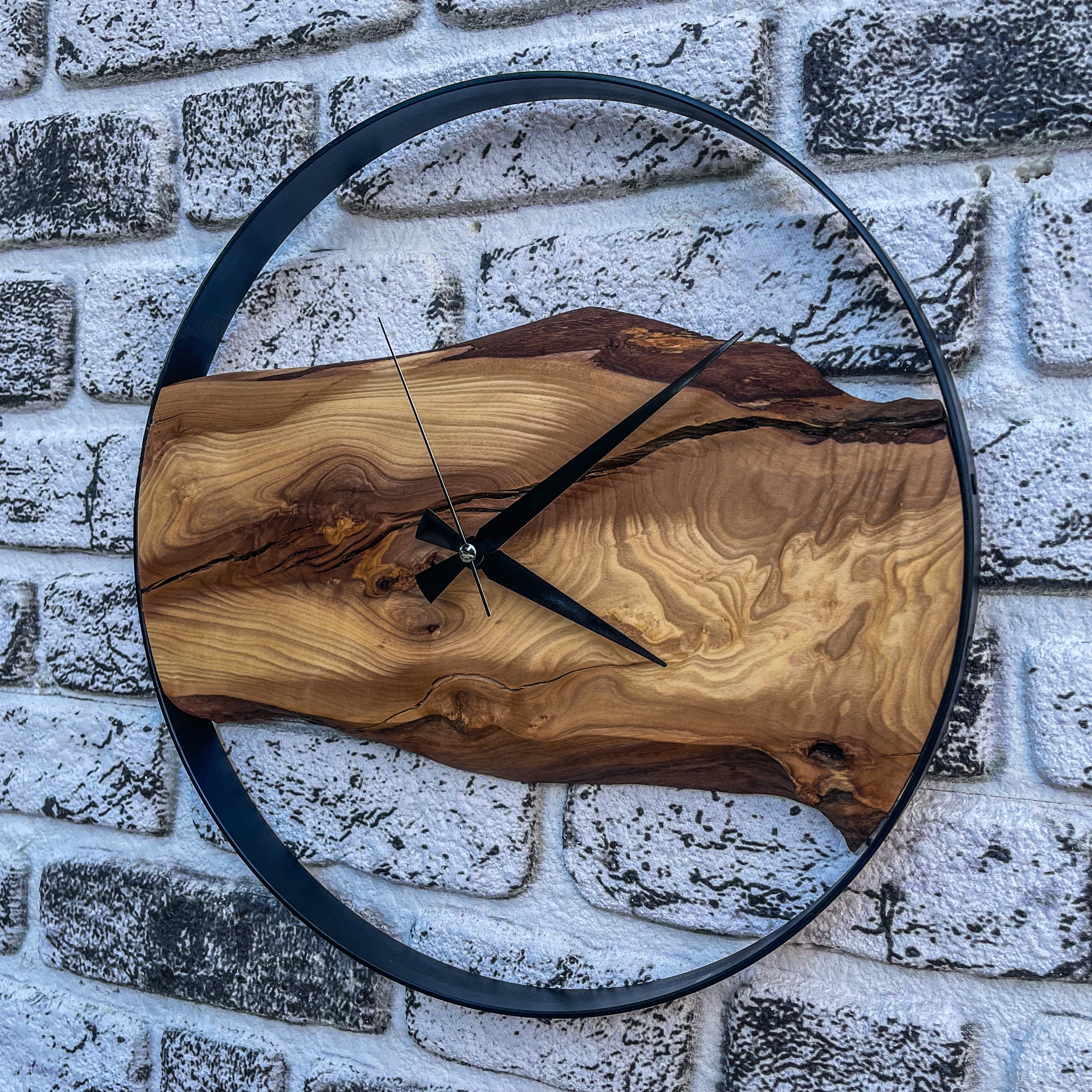 Olive Wood Wall Clock, Live Edge, Rustic Metal Frame - Etsy