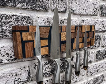 Handgjort knivblock i metallgrått och ek – Modern köksinredning