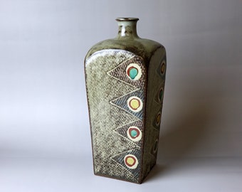 Living National Treasure Tatsuzo Shimaoka (1919-2007) Mashiko Inlaid Rope Aka-E Square Vase - Mashiko Pottery