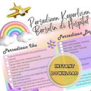以下が含まれることがあります： 虹、花、おもちゃの飛行機が描かれた、病院での出産用品のデジタルチェックリストです。「インスタントダウンロード」の文字と、母親と赤ちゃんのためのアイテムが記載されています。背景はソフトパステルカラーです。
