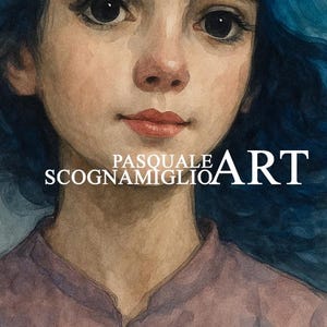 May include: Watercolor portrait of a person with blue hair and a pink shirt. The artwork features the text "PASQUALE SCOGNAMIGLIO ART" in white. The portrait has a soft, painterly style with a focus on the face and upper body.