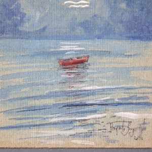 das rote Boot und der Mond, handgemaltes Aquarell auf einem alten Buchdeckel, handsigniert von Pasquale Scognamiglio
