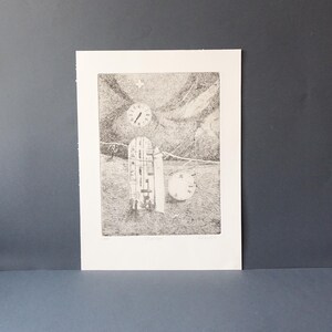 May include: Black and white etching print featuring a surreal landscape with clocks and architectural elements. The artwork includes a large clock at the top, a tall, arched structure, and a clock on the ground. The print is on white paper.