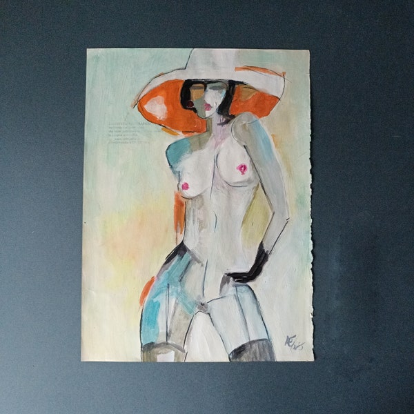 Femme, aquarelle technique mixte peinte à la main et exécutée sur papier vintage par Antonella Errico