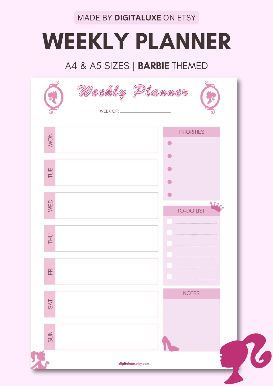 Barbie Weekly Planner Printable to Do List, Minimal Weekly Schedule