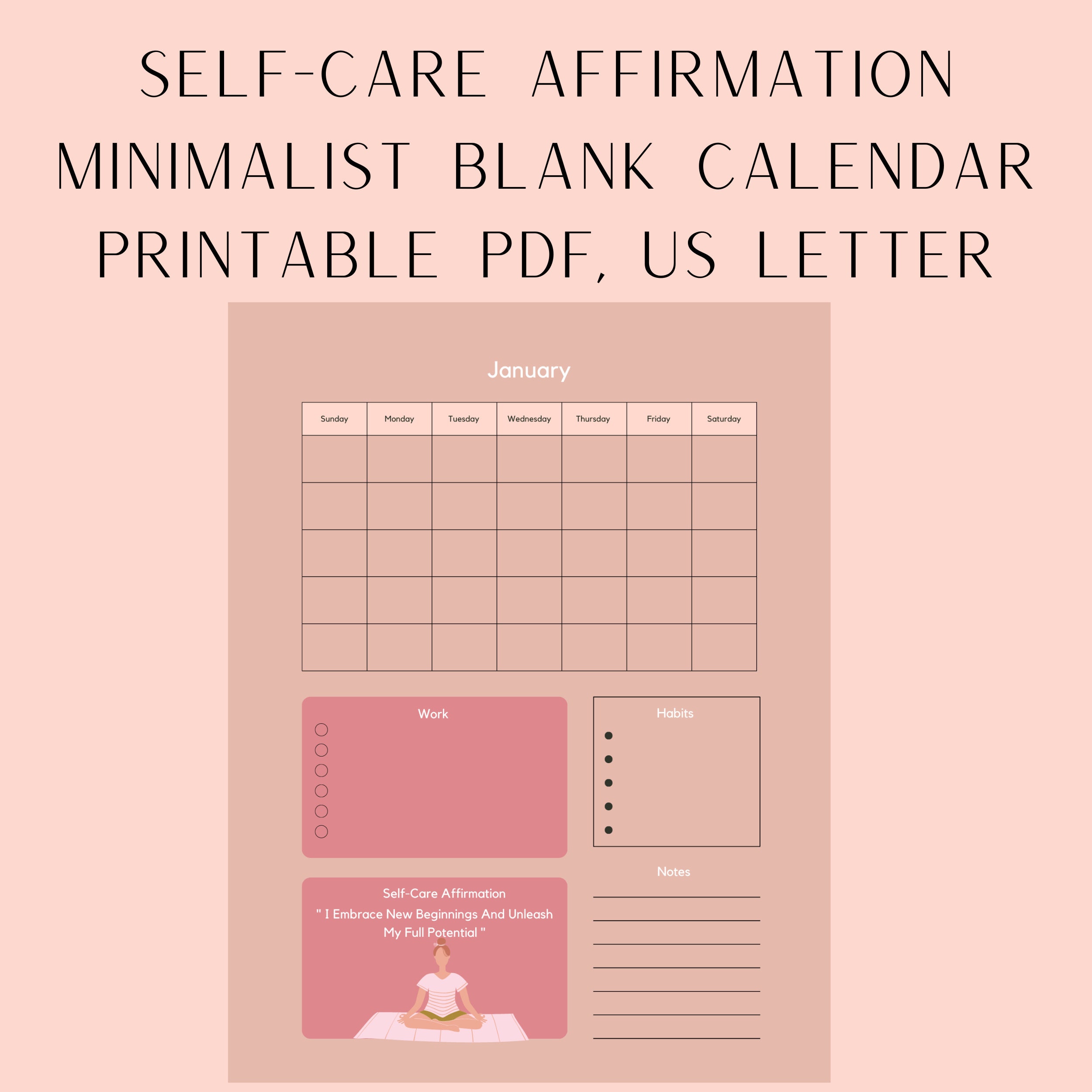 Printable Calendar Affirmation Calendar 12 Month Calendar Minimalist