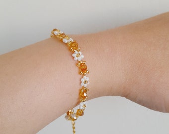 Gold Crystal Beaded Daisy Bracelet, Beaded Flower Handmade Jewelry, Daisy Dainty Bracelet, Gifts For Women, Birthday Gift