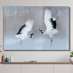 Dancing cranes canvas art,Graceful crane birds wall decor,Crane dance-inspired canvas prints,Bird-themed wall art,Bird-themed wall art