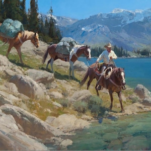 Glacier Fed by Bill Anton Cowboy Western Wall Art - Rustic Horseback Mountain Canvas Print - Western Landscape Decor for Cabin Style