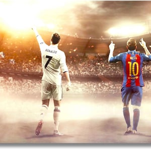 Messi and Ronaldo canvas art,Soccer legends wall decor, Football rivalry painting, Soccer superstar poster, nursery wall art, ready to hang