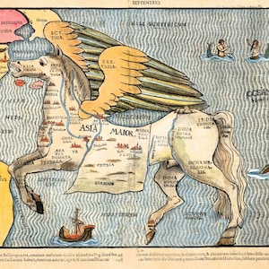1581 ハインリッヒ・バンティング ペガサスのアジアの絵地図 アンティーク 歴史的アジア擬人地図 キャンバスプリント すぐに掛けられる