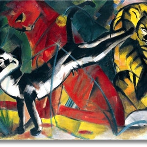 Franz Marc Canvas Wall Art, impresión de lienzo de tres gatos, impresión de Franz Marc, cartel de Franz Marc, cartel de Drei Katzen groß, arte expresionista listo para colgar