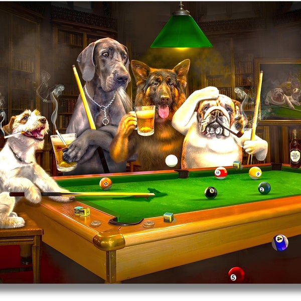 Hunde spielen Billard Leinwand Wandkunst, Lustiges Haustier Porträt, Billard Liebhaber Hunde spielen Billard Poster, Hunde spielen Billard Leinwanddruck