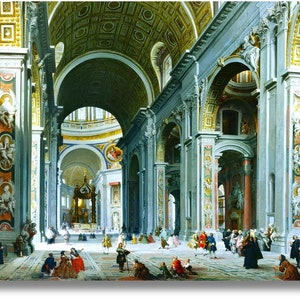 The Interior of St Peter&#39;s, Rome (1754) by Giovanni Paolo Panini Canvas Wall Art Design, Giovanni Paolo Panini Poster,Giovanni Paolo Print
