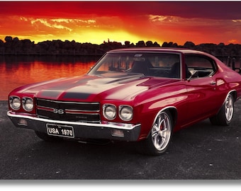 Chevrolet SS 1970 Canvas Wall Art, Chevrolet SS 1970 Poster, Chevrolet SS 1970 print,Classic Car Wall Decor,Red Car Poster, Man Cave Poster